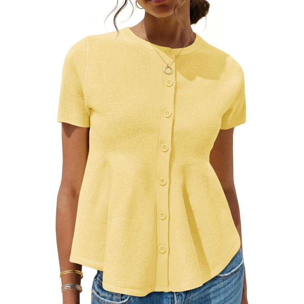 image:imageSaodimallsu Womens Short Sleeve Cardigans Ruffle Button Down Crew Neck Peplum Babydoll Knit Sweater TopsYellow