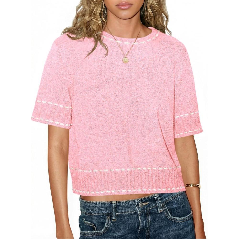 image:imageSaodimallsu Womens Short Sleeve Sweater Summer Cropped Sweaters Casual Crew Neck Pullover Lightweight Knit TopsPink