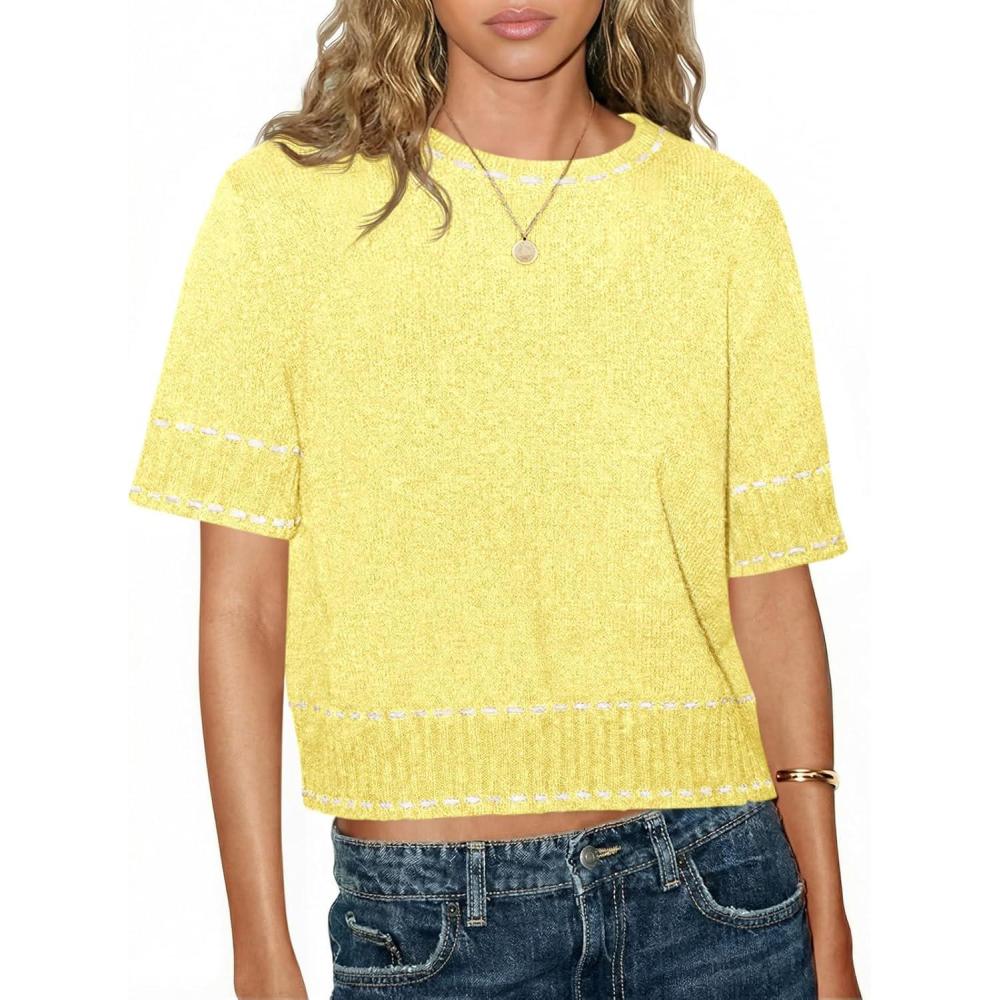 image:imageSaodimallsu Womens Short Sleeve Sweater Summer Cropped Sweaters Casual Crew Neck Pullover Lightweight Knit TopsYellow