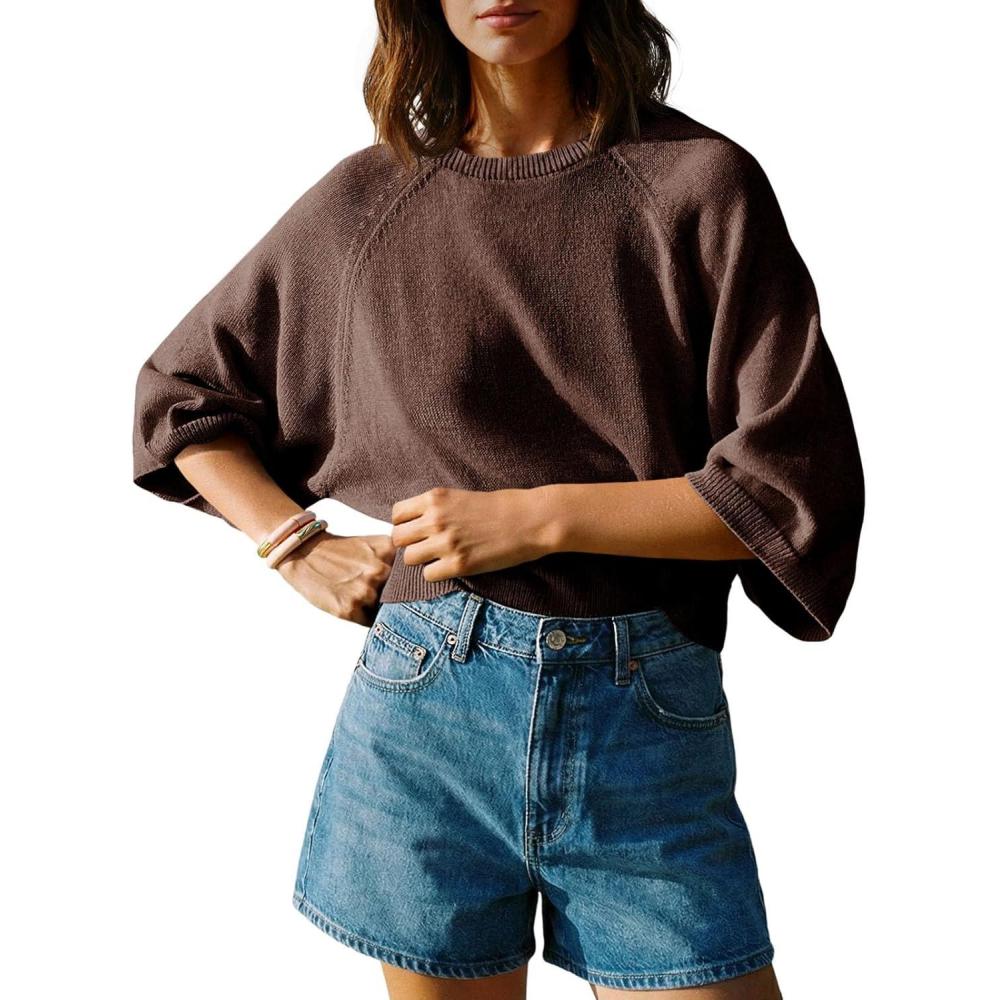 image:imageSaodimallsu Womens Short Sleeve Sweater Tops Summer Lightweight Knit Crew Neck Casual Loose Batwing Pullover TopCoffee