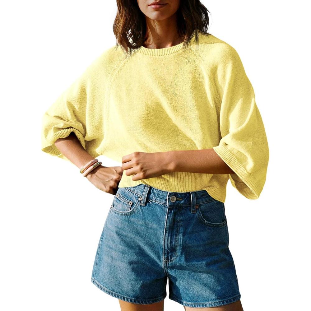image:imageSaodimallsu Womens Short Sleeve Sweater Tops Summer Lightweight Knit Crew Neck Casual Loose Batwing Pullover TopYellow