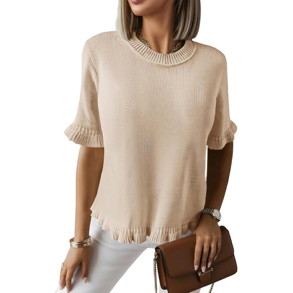 image:imageSaodimallsu Womens Short Sleeve Sweater Tops Summer Ruffle Casual Loose Fitting Crew Neck Knit ShirtsApricot