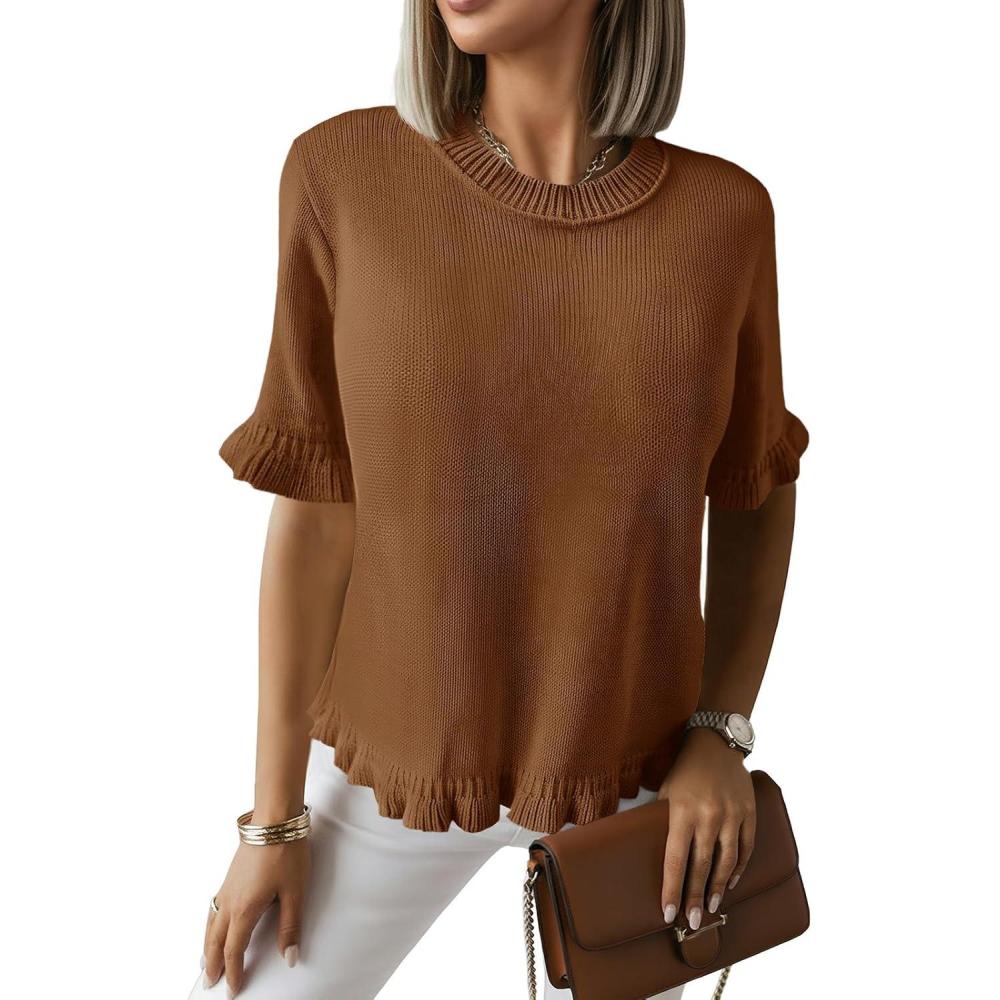image:imageSaodimallsu Womens Short Sleeve Sweater Tops Summer Ruffle Casual Loose Fitting Crew Neck Knit ShirtsBrown