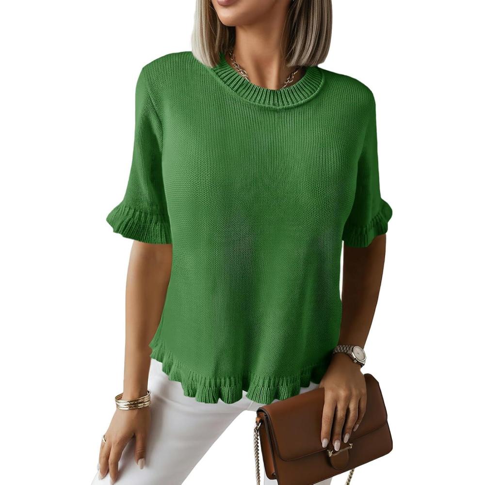 image:imageSaodimallsu Womens Short Sleeve Sweater Tops Summer Ruffle Casual Loose Fitting Crew Neck Knit ShirtsGreen