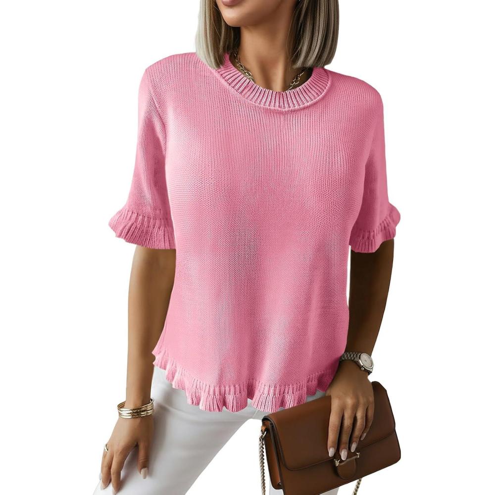 image:imageSaodimallsu Womens Short Sleeve Sweater Tops Summer Ruffle Casual Loose Fitting Crew Neck Knit ShirtsPink