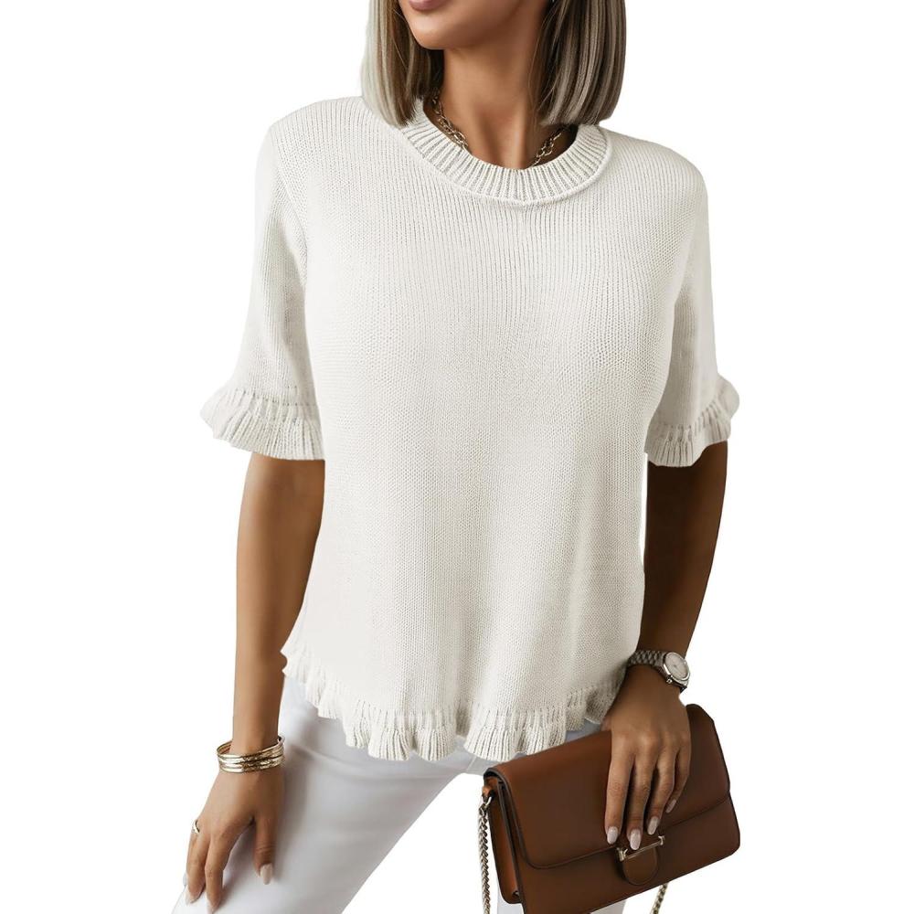 image:imageSaodimallsu Womens Short Sleeve Sweater Tops Summer Ruffle Casual Loose Fitting Crew Neck Knit ShirtsWhite