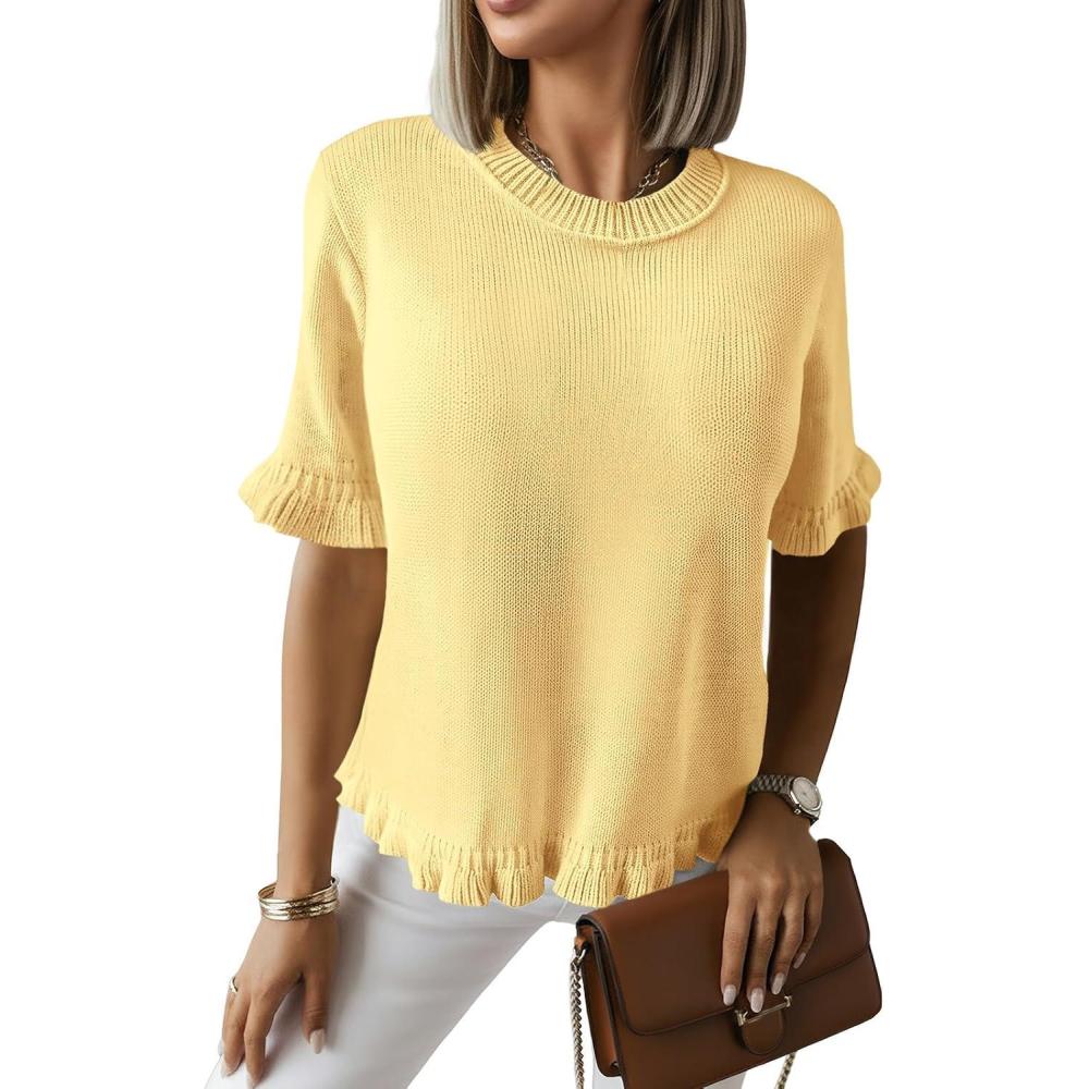 image:imageSaodimallsu Womens Short Sleeve Sweater Tops Summer Ruffle Casual Loose Fitting Crew Neck Knit ShirtsYellow