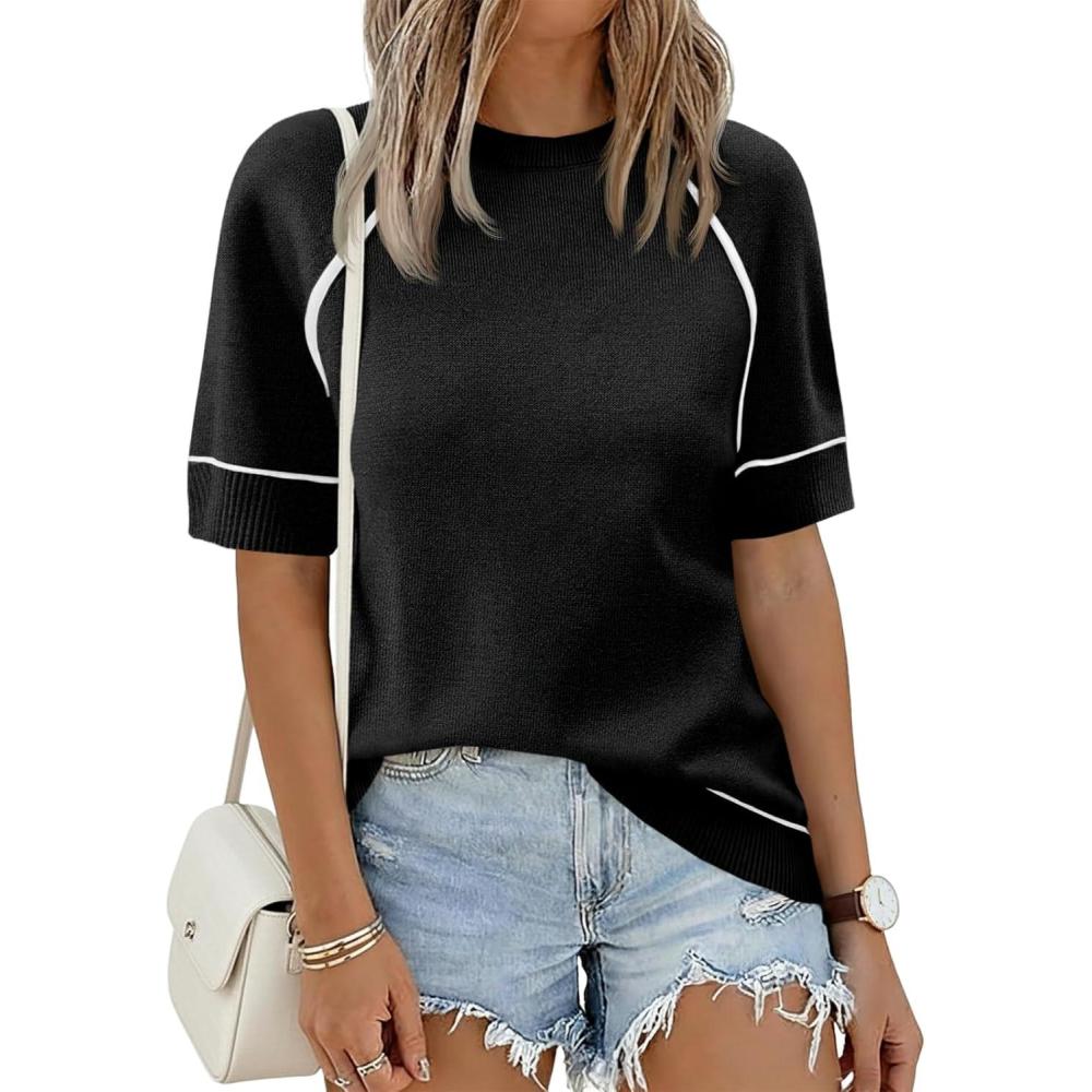 image:imageSaodimallsu Womens Short Sleeve Sweaters Casual Crew Neck Lightweight Knit Summer Trendy Pullover TopsBlack