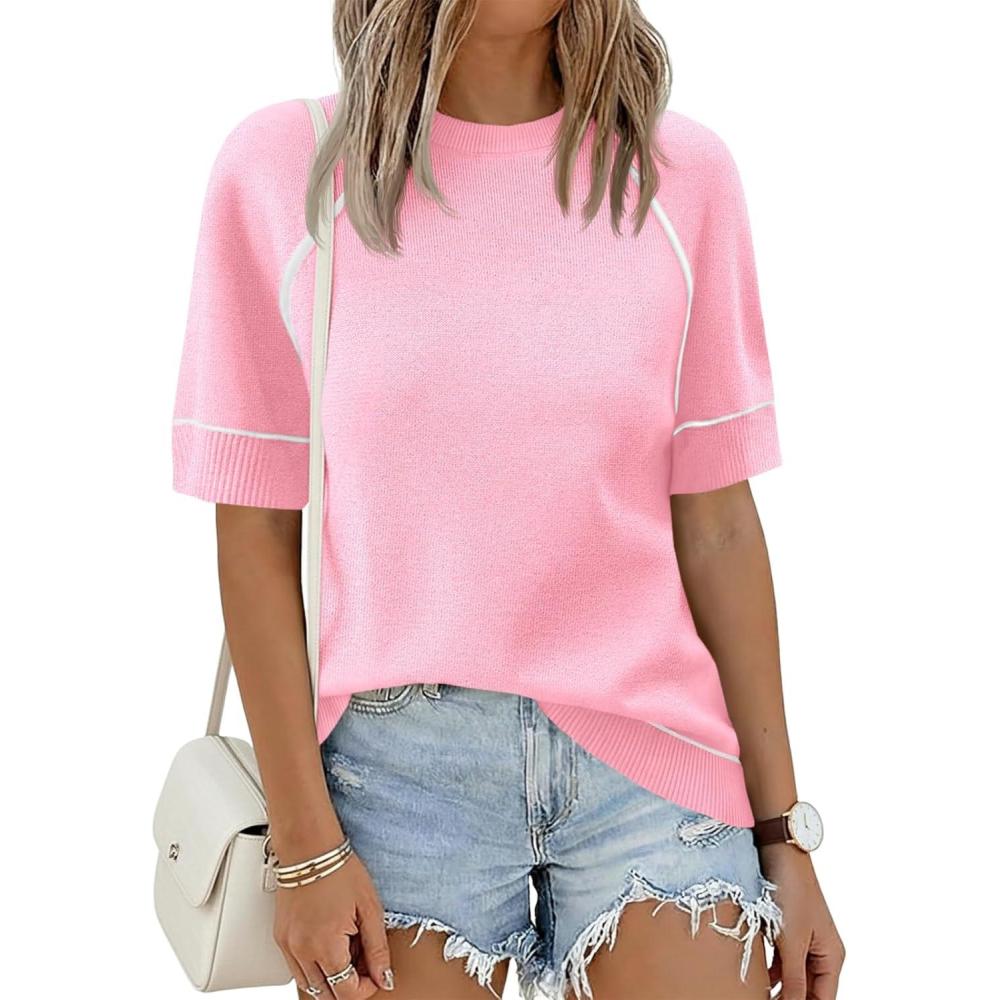 image:imageSaodimallsu Womens Short Sleeve Sweaters Casual Crew Neck Lightweight Knit Summer Trendy Pullover TopsPink