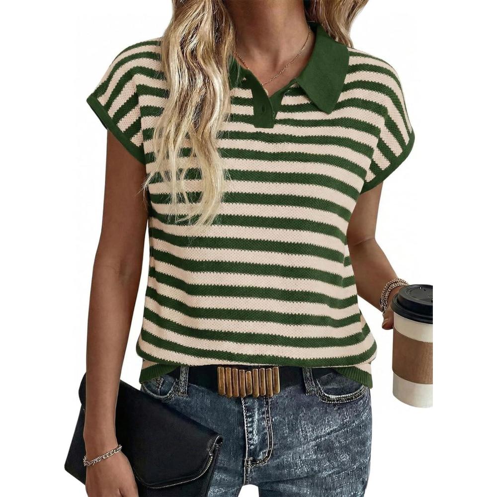image:imageSaodimallsu Womens Striped Polo Sweater Cap Sleeve Summer Top Button V Neck Collared Knit Pullover ShirtsArmy Green