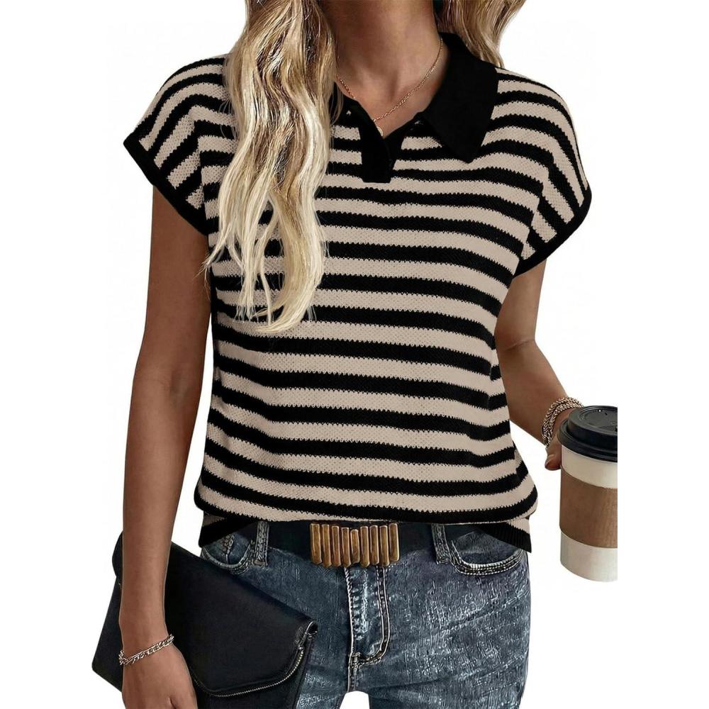 image:imageSaodimallsu Womens Striped Polo Sweater Cap Sleeve Summer Top Button V Neck Collared Knit Pullover ShirtsBeige