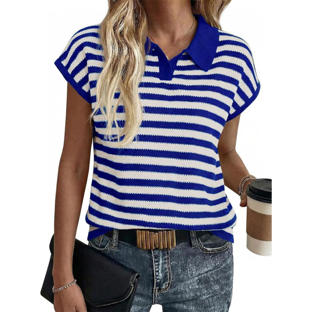 image:imageSaodimallsu Womens Striped Polo Sweater Cap Sleeve Summer Top Button V Neck Collared Knit Pullover ShirtsBlue