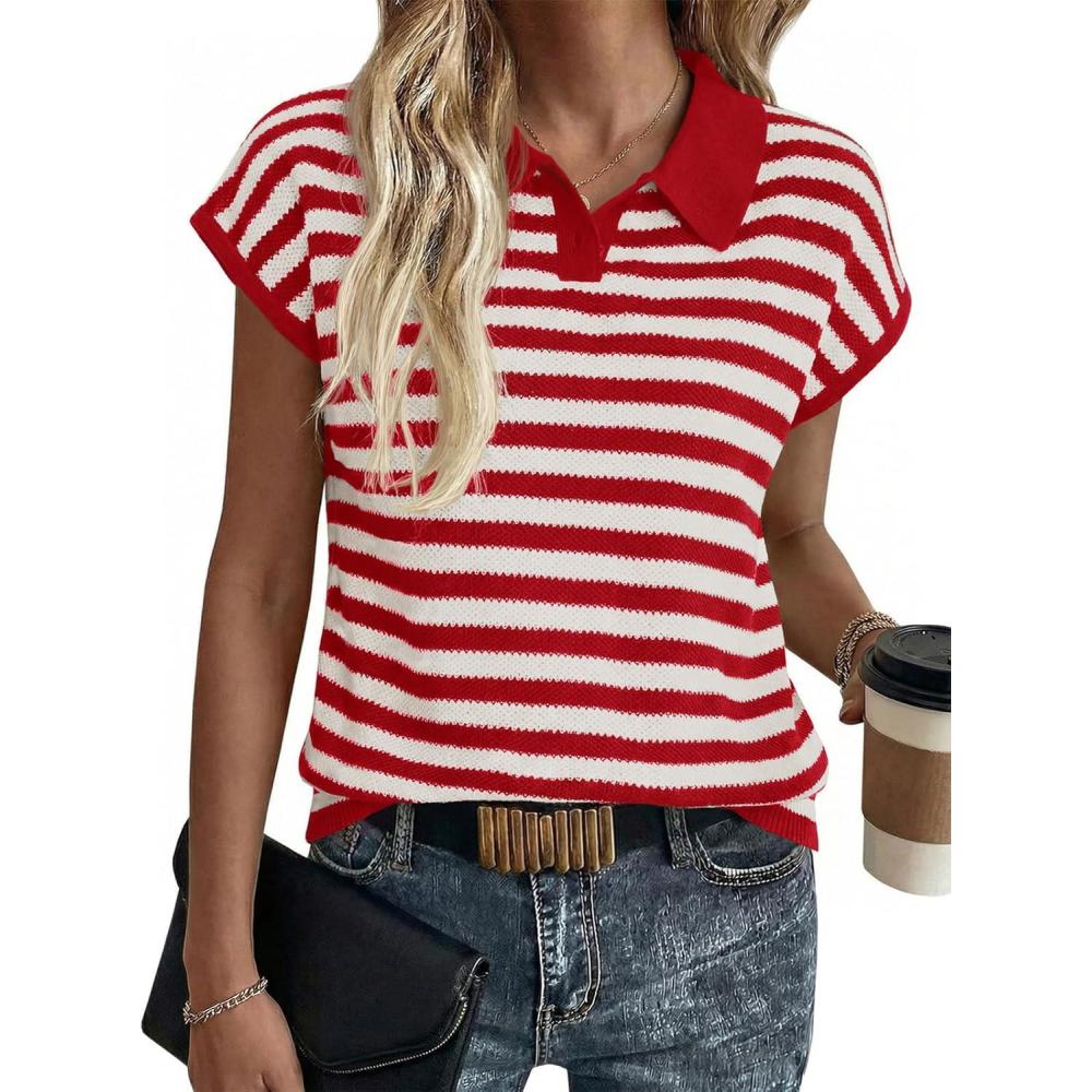 image:imageSaodimallsu Womens Striped Polo Sweater Cap Sleeve Summer Top Button V Neck Collared Knit Pullover ShirtsRed