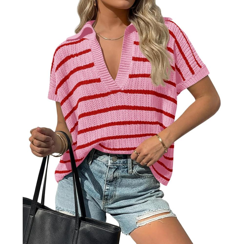 image:imageSaodimallsu Womens Striped Short Sleeve Sweater Tops Summer V Neck Collared Trendy Casual Loose Knit Pullover ShirtLight Pink