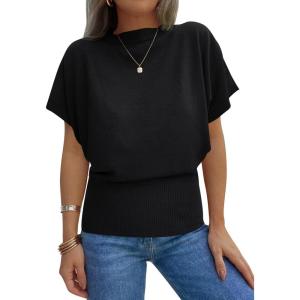 Saodimallsu Womens Batwing Short Sleeve Sweater Tops Crew Neck Cinched Waist Ribbed Knit Summer Pullover T-Shirts(Black)