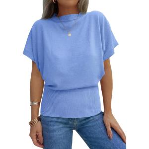 Saodimallsu Womens Batwing Short Sleeve Sweater Tops Crew Neck Cinched Waist Ribbed Knit Summer Pullover T-Shirts(Blue)