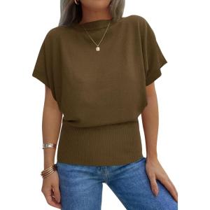 Saodimallsu Womens Batwing Short Sleeve Sweater Tops Crew Neck Cinched Waist Ribbed Knit Summer Pullover T-Shirts(Coffee)