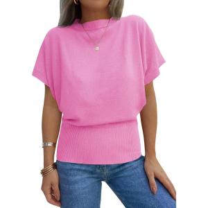 Saodimallsu Womens Batwing Short Sleeve Sweater Tops Crew Neck Cinched Waist Ribbed Knit Summer Pullover T-Shirts(Hot Pink)