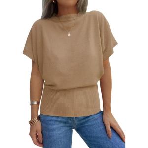 Saodimallsu Womens Batwing Short Sleeve Sweater Tops Crew Neck Cinched Waist Ribbed Knit Summer Pullover T-Shirts(Khaki)
