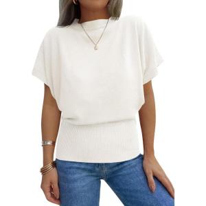 Saodimallsu Womens Batwing Short Sleeve Sweater Tops Crew Neck Cinched Waist Ribbed Knit Summer Pullover T-Shirts(White)