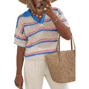 Saodimallsu Womens Crochet Tops Summer Short Sleeve Striped Pullover Sweater Collared Knit Shirts Cover Up Top(Blue)