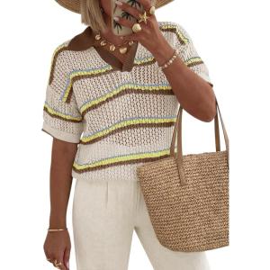 Saodimallsu Womens Crochet Tops Summer Short Sleeve Striped Pullover Sweater Collared Knit Shirts Cover Up Top(Coffee)