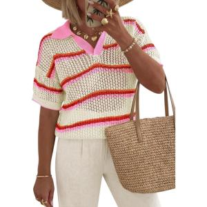 Saodimallsu Womens Crochet Tops Summer Short Sleeve Striped Pullover Sweater Collared Knit Shirts Cover Up Top(Pink)