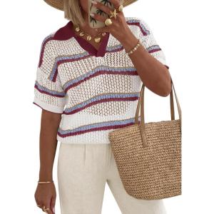 Saodimallsu Womens Crochet Tops Summer Short Sleeve Striped Pullover Sweater Collared Knit Shirts Cover Up Top(Wine Red)