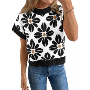 Saodimallsu Womens Floral Sweater Tops Short Sleeve Vintage Crew Neck Loose Knit Summer Pullover Sweaters(Black)