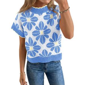 Saodimallsu Womens Floral Sweater Tops Short Sleeve Vintage Crew Neck Loose Knit Summer Pullover Sweaters(Blue)