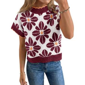 Saodimallsu Womens Floral Sweater Tops Short Sleeve Vintage Crew Neck Loose Knit Summer Pullover Sweaters(Burgundy)