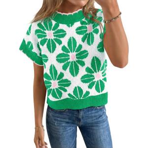 Saodimallsu Womens Floral Sweater Tops Short Sleeve Vintage Crew Neck Loose Knit Summer Pullover Sweaters(Green)