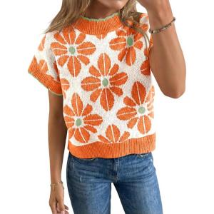 Saodimallsu Womens Floral Sweater Tops Short Sleeve Vintage Crew Neck Loose Knit Summer Pullover Sweaters(Orange)