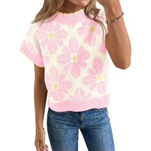 Saodimallsu Womens Floral Sweater Tops Short Sleeve Vintage Crew Neck Loose Knit Summer Pullover Sweaters(Pink)