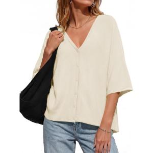 Saodimallsu Womens Oversized Cardigans Summer Batwing Half Sleeve Lightweight Knit Button V Neck Casual Sweater Tops(Apricot)