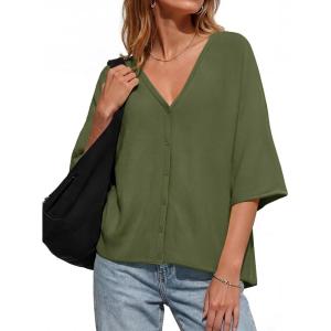 Saodimallsu Womens Oversized Cardigans Summer Batwing Half Sleeve Lightweight Knit Button V Neck Casual Sweater Tops(Army Green)