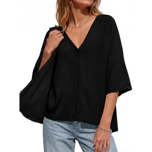 Saodimallsu Womens Oversized Cardigans Summer Batwing Half Sleeve Lightweight Knit Button V Neck Casual Sweater Tops(Black)