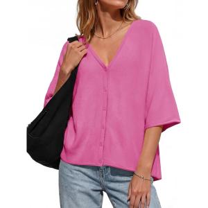 Saodimallsu Womens Oversized Cardigans Summer Batwing Half Sleeve Lightweight Knit Button V Neck Casual Sweater Tops(Bright Pink)