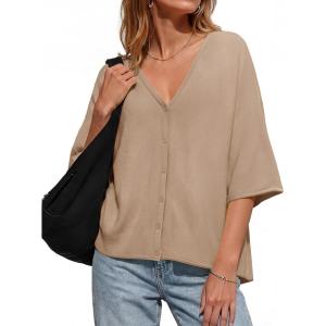 Saodimallsu Womens Oversized Cardigans Summer Batwing Half Sleeve Lightweight Knit Button V Neck Casual Sweater Tops(Khaki)