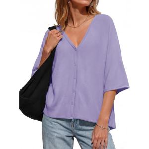 Saodimallsu Womens Oversized Cardigans Summer Batwing Half Sleeve Lightweight Knit Button V Neck Casual Sweater Tops(Violet)