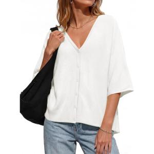 Saodimallsu Womens Oversized Cardigans Summer Batwing Half Sleeve Lightweight Knit Button V Neck Casual Sweater Tops(White)