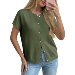 Saodimallsu Womens Oversized Cardigans Summer Short Sleeve Lightweight Knit Button Down Crew Neck Casual Sweater Tops(Army Green)