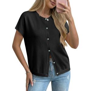 Saodimallsu Womens Oversized Cardigans Summer Short Sleeve Lightweight Knit Button Down Crew Neck Casual Sweater Tops(Black)