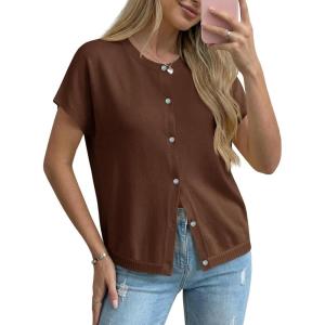 Saodimallsu Womens Oversized Cardigans Summer Short Sleeve Lightweight Knit Button Down Crew Neck Casual Sweater Tops(Coffee)