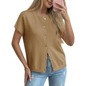 Saodimallsu Womens Oversized Cardigans Summer Short Sleeve Lightweight Knit Button Down Crew Neck Casual Sweater Tops(Dark Khaki)