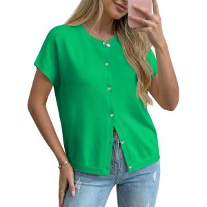 Saodimallsu Womens Oversized Cardigans Summer Short Sleeve Lightweight Knit Button Down Crew Neck Casual Sweater Tops(Green)