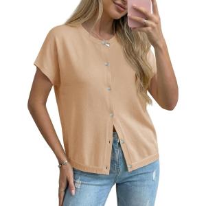 Saodimallsu Womens Oversized Cardigans Summer Short Sleeve Lightweight Knit Button Down Crew Neck Casual Sweater Tops(Khaki)