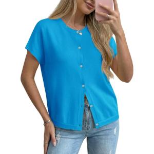 Saodimallsu Womens Oversized Cardigans Summer Short Sleeve Lightweight Knit Button Down Crew Neck Casual Sweater Tops(Lake Blue)