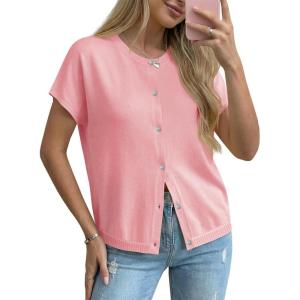 Saodimallsu Womens Oversized Cardigans Summer Short Sleeve Lightweight Knit Button Down Crew Neck Casual Sweater Tops(Pink)