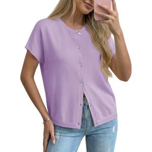 Saodimallsu Womens Oversized Cardigans Summer Short Sleeve Lightweight Knit Button Down Crew Neck Casual Sweater Tops(Purple)